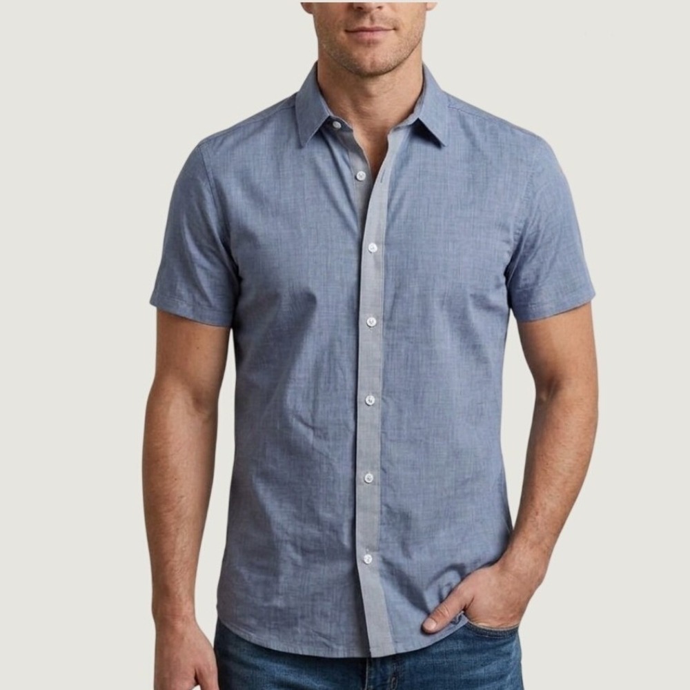 Theory Mens Arundale Blue Chambray Short Sleeve Button Down Shirt Size M